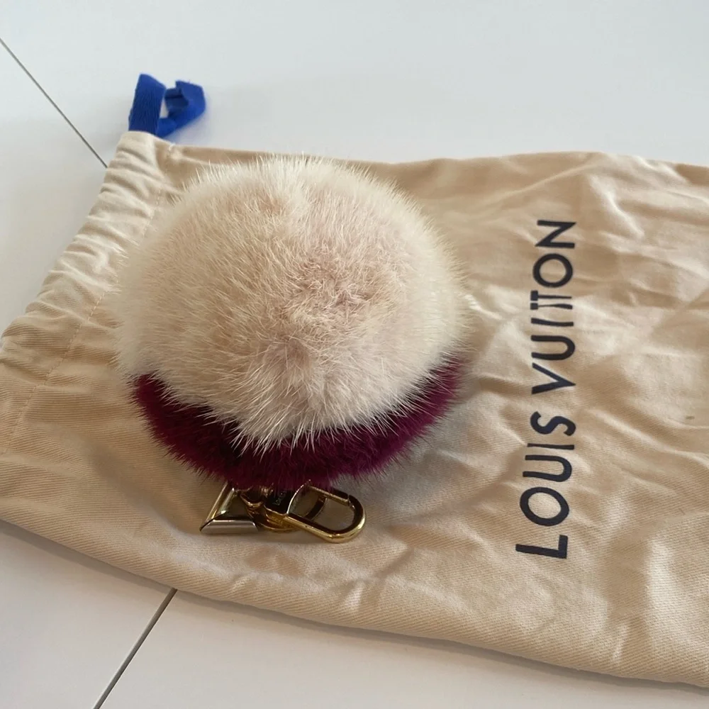 Louis Vuitton Two-Tone Fur Pom Pom Key Holder in Cream and Deep Berry